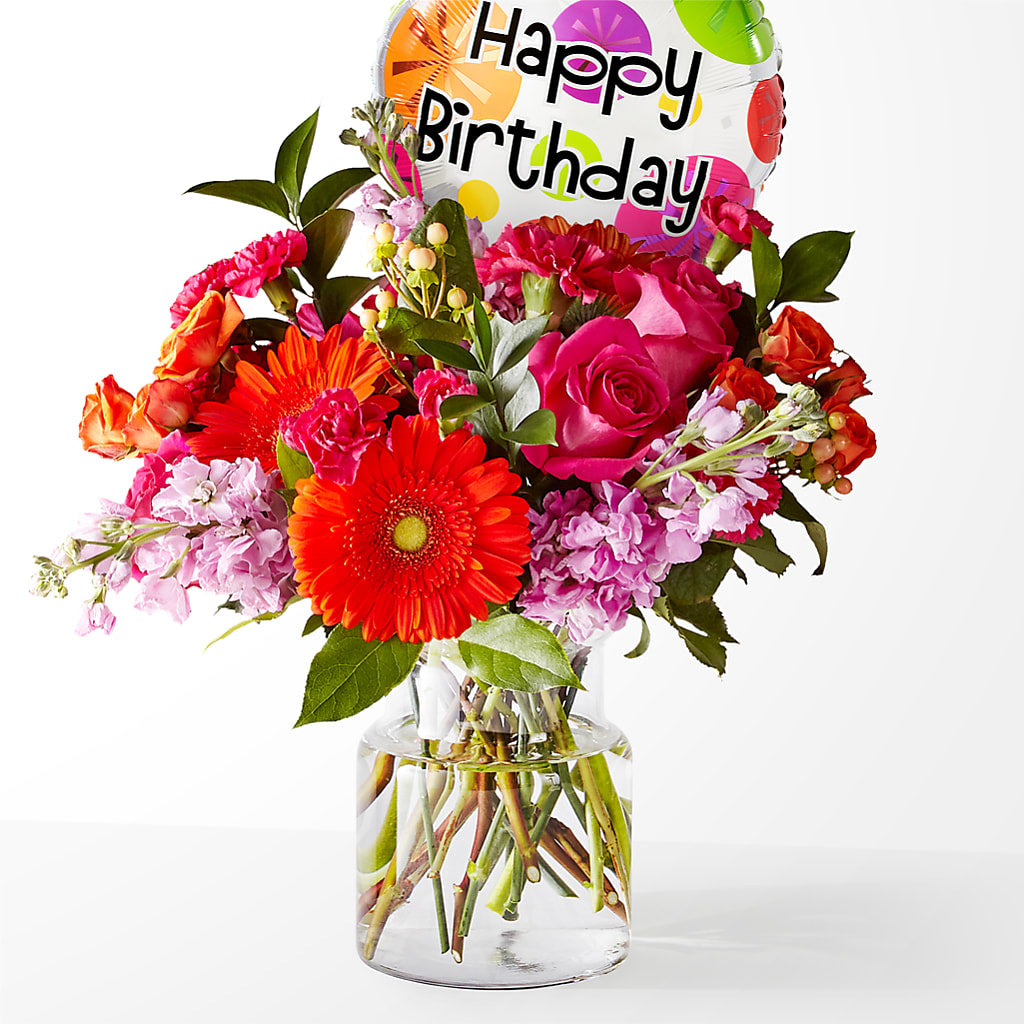 Fiesta Bouquet with Birthday Balloon – R & J BLOOMS, Rowlett TX