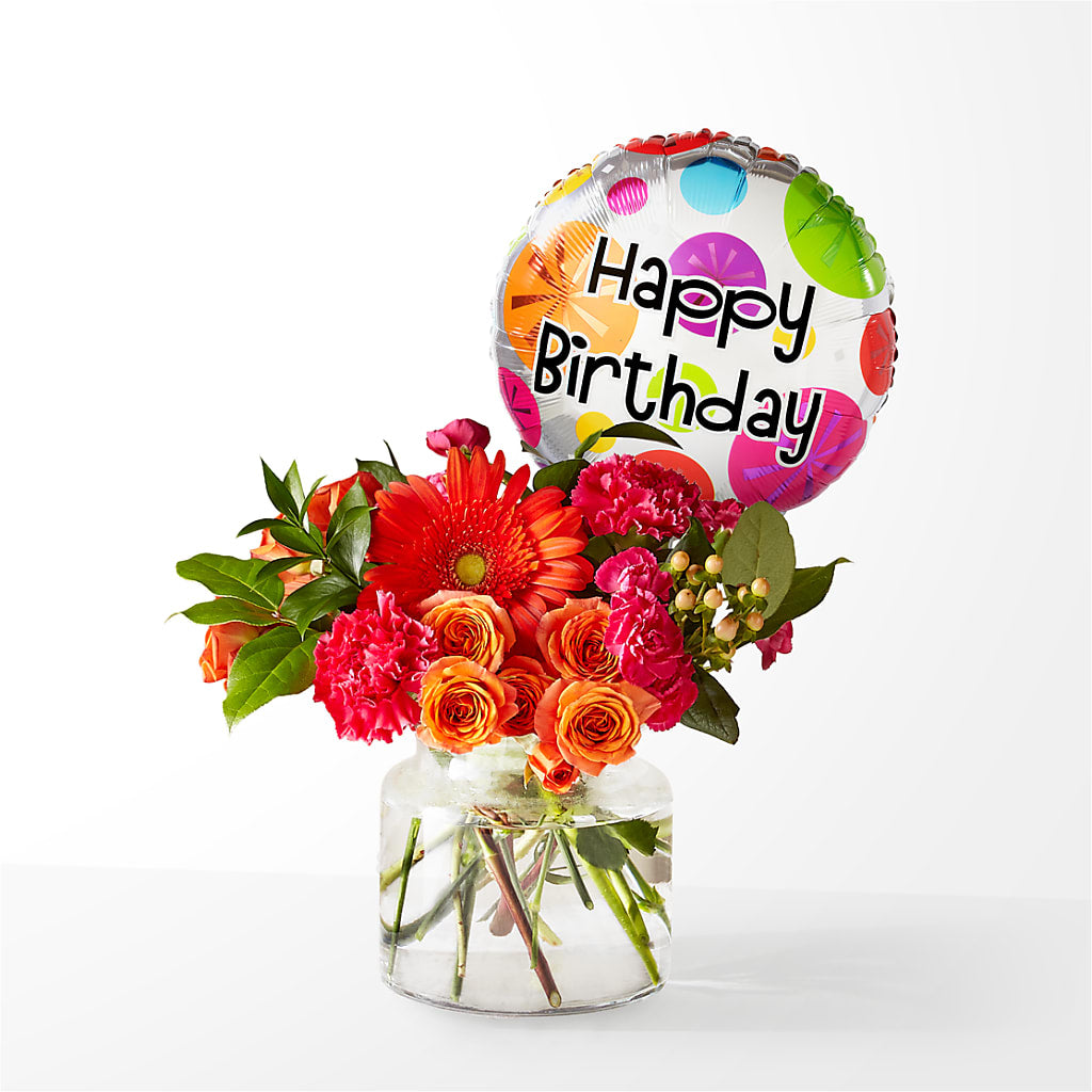Fiesta Bouquet with Birthday Balloon – R & J BLOOMS, Rowlett TX