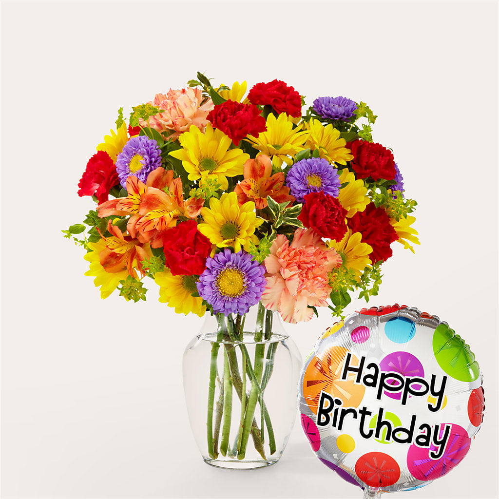 Kaleidoscope Bouquet with Birthday Balloon – R & J BLOOMS, Rowlett TX