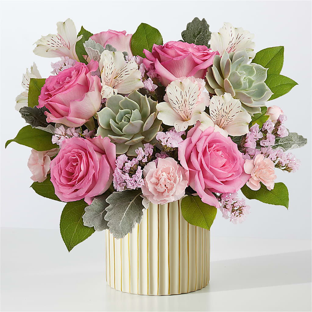 Dusty Rose Bouquet with Ivory Vase – R & J BLOOMS, Rowlett TX