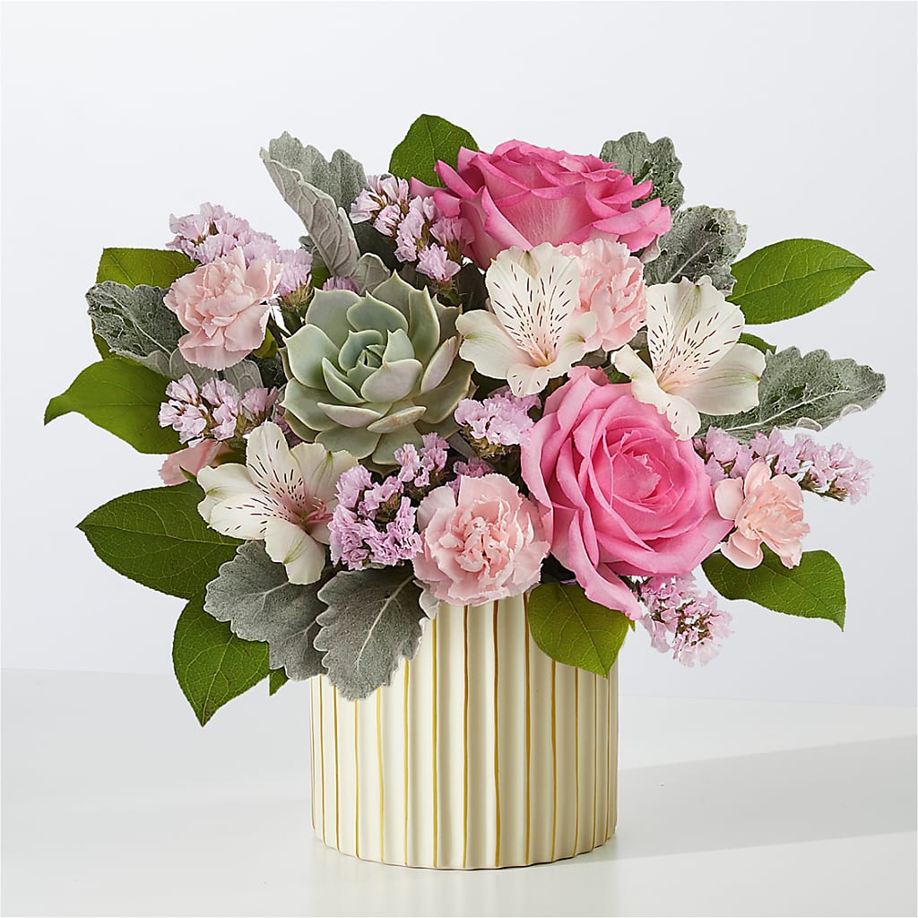 Dusty Rose Bouquet with Ivory Vase – R & J BLOOMS, Rowlett TX