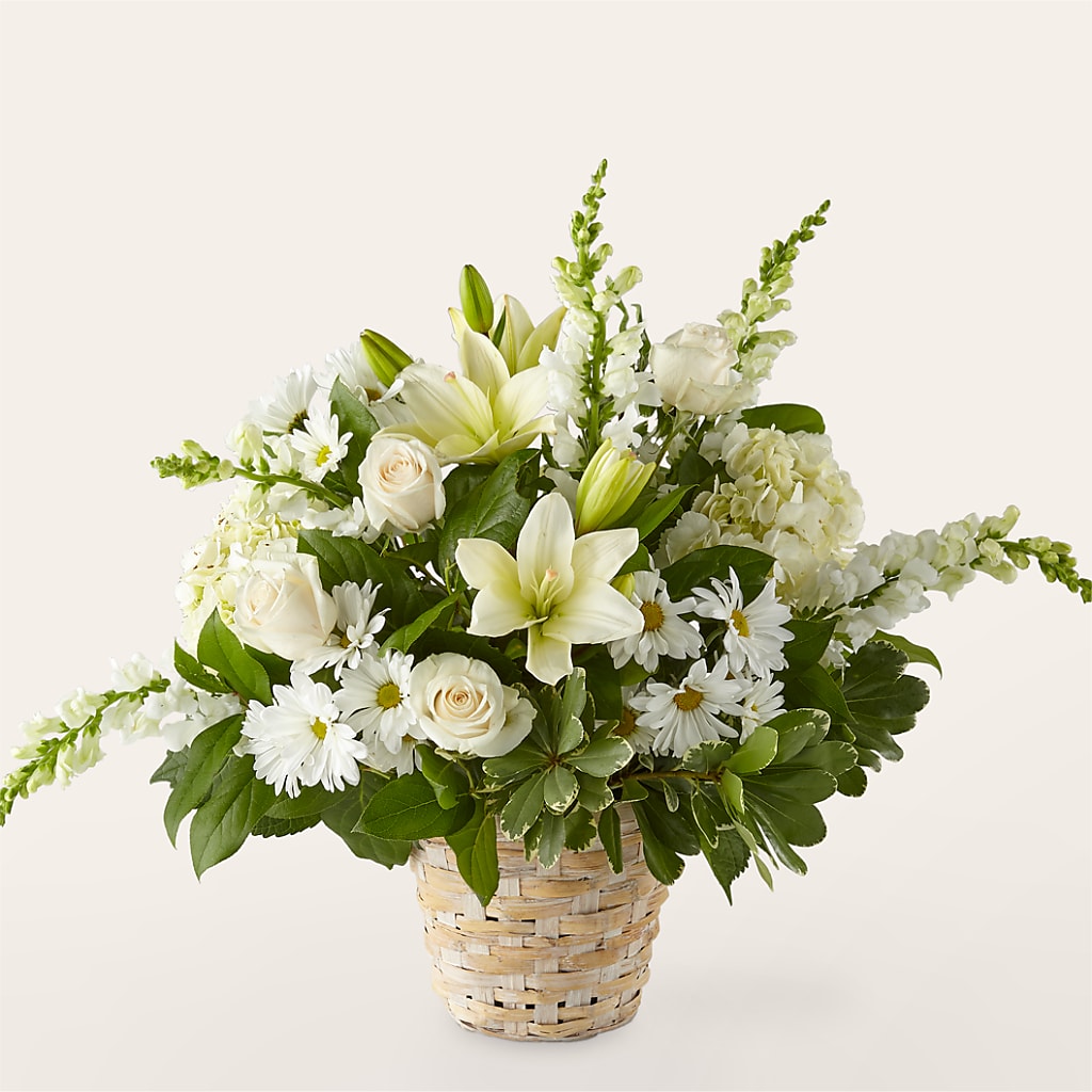 Ivory Elegance Floral Basket – R & J BLOOMS, Rowlett TX