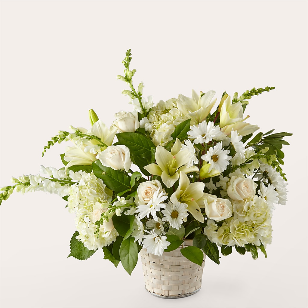 Ivory Elegance Floral Basket – R & J BLOOMS, Rowlett TX