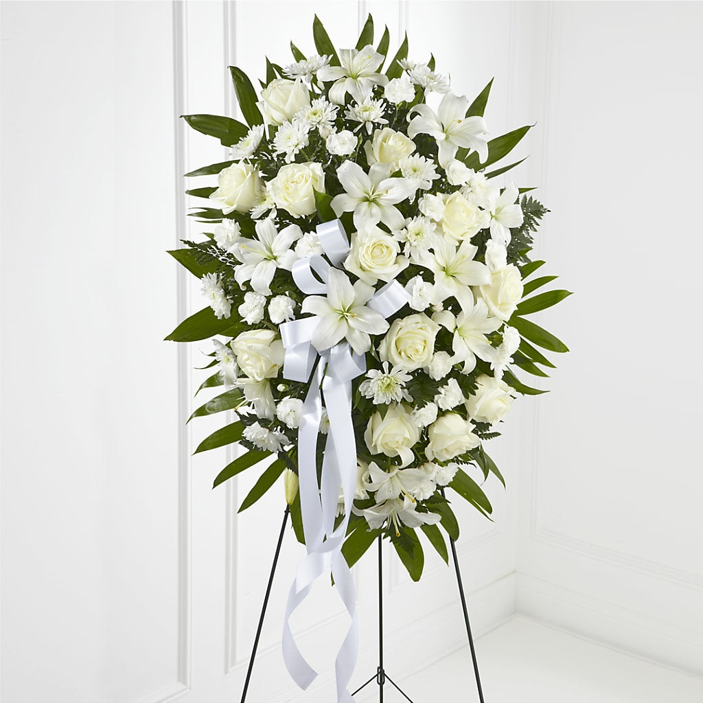 Exquisite Tribute Standing Spray-White Ribbon – R & J BLOOMS, Rowlett TX