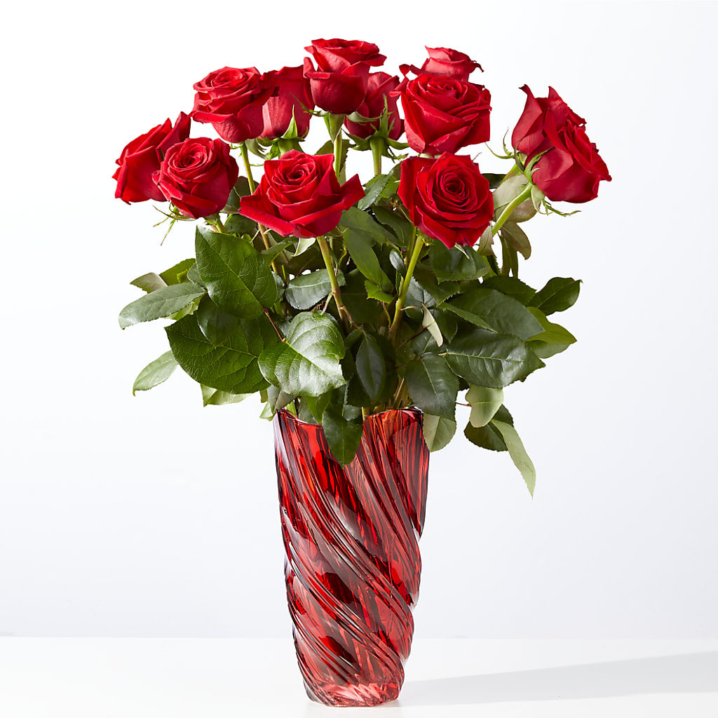 Classic Love Red Rose Bouquet with Luxe Swirl Vase – R & J BLOOMS, Rowlett TX