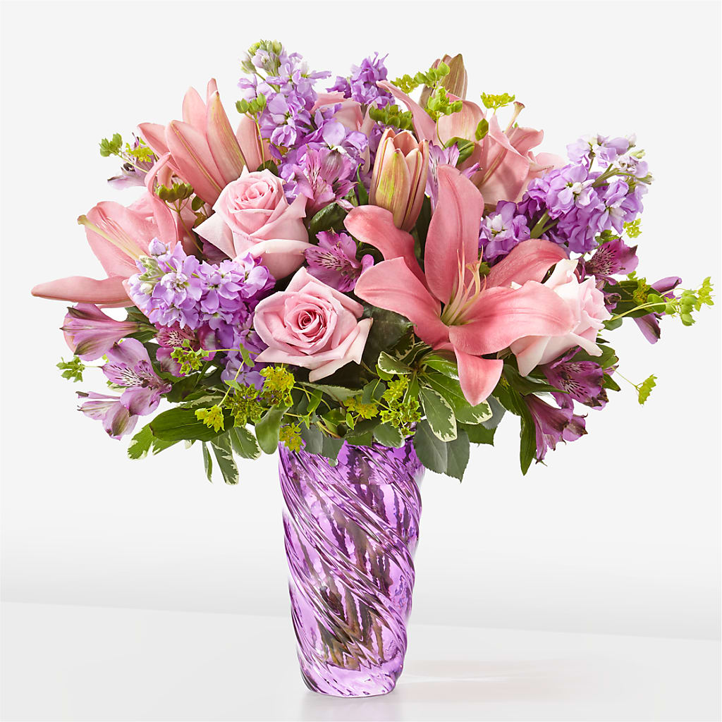 Precious Petals Bouquet with Luxe Swirl Vase – R & J BLOOMS, Rowlett TX