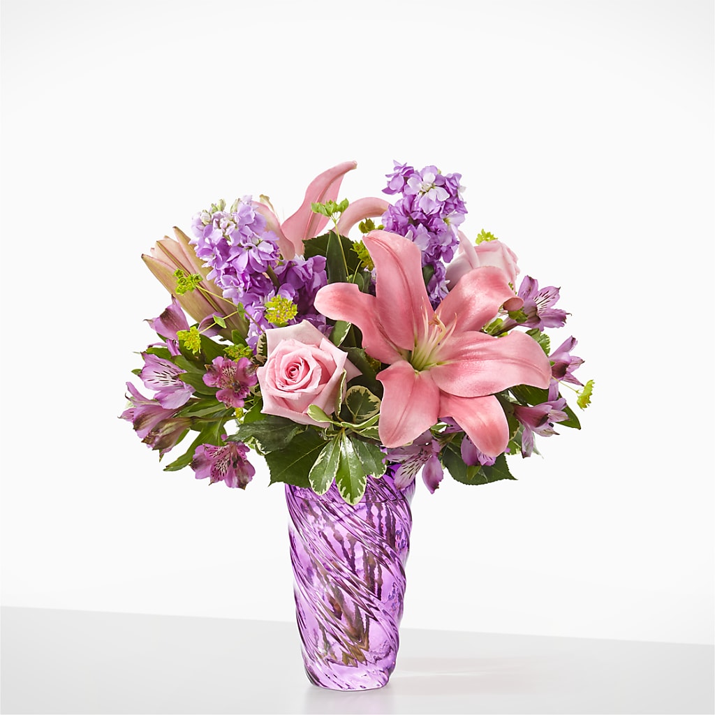 Precious Petals Bouquet with Luxe Swirl Vase – R & J BLOOMS, Rowlett TX