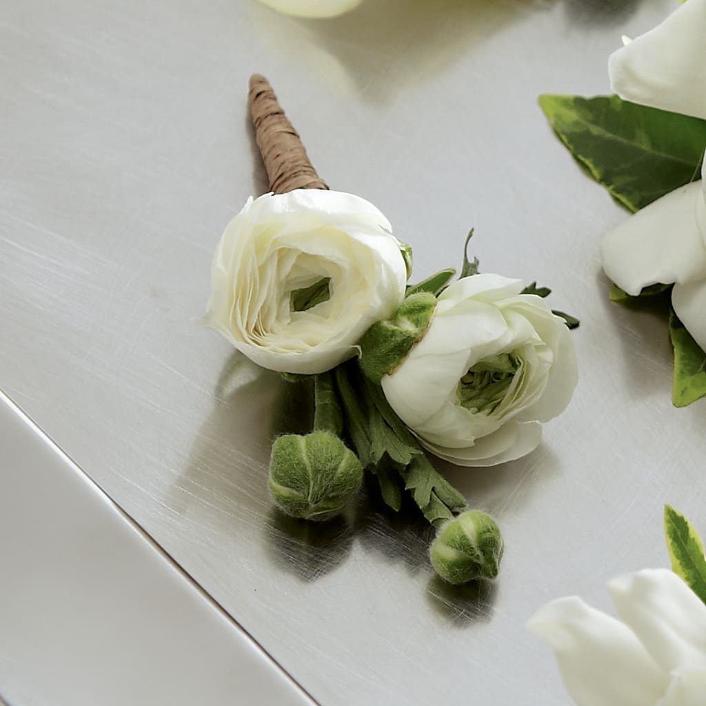 White Ranunculus Boutonniere – R & J BLOOMS, Rowlett TX
