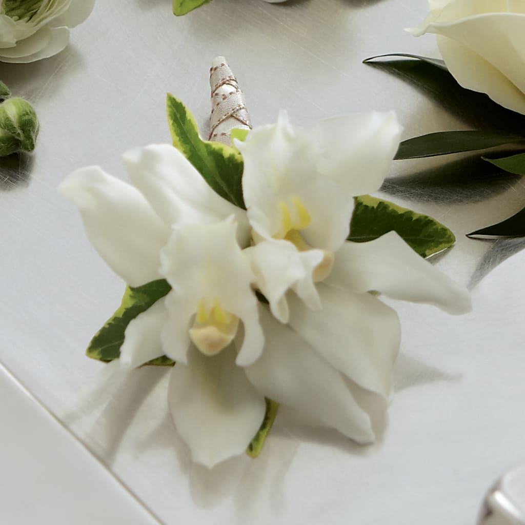 White Mini Cymbidium Boutonniere – R & J BLOOMS, Rowlett TX