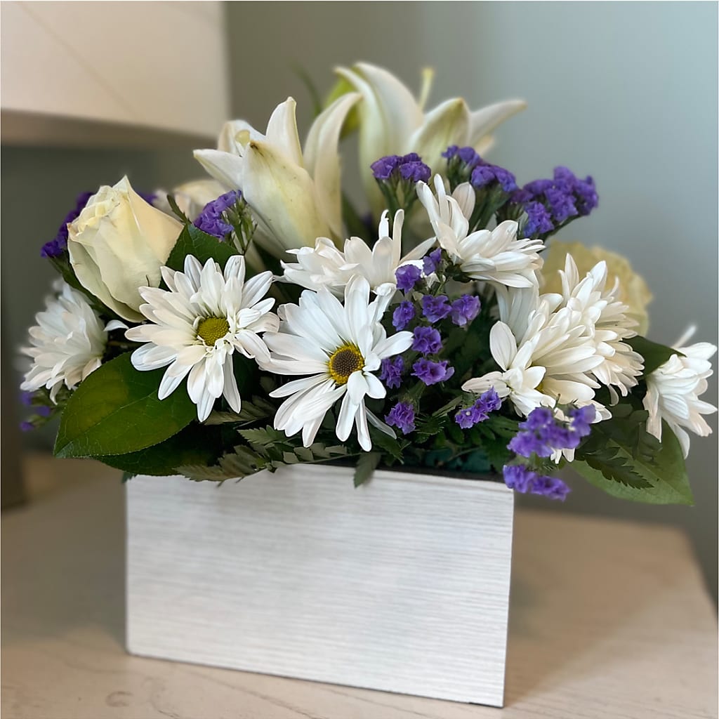 Beyond Blue Box Bouquet – R & J BLOOMS, Rowlett TX