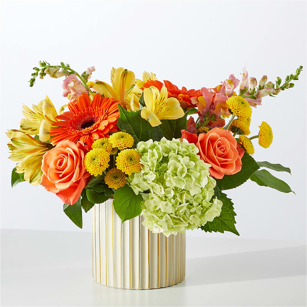 Autumn Sunshine Bouquet with Ivory Vase – R & J BLOOMS, Rowlett TX
