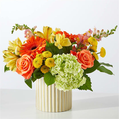 Autumn Sunshine Bouquet with Ivory Vase – R & J BLOOMS, Rowlett TX