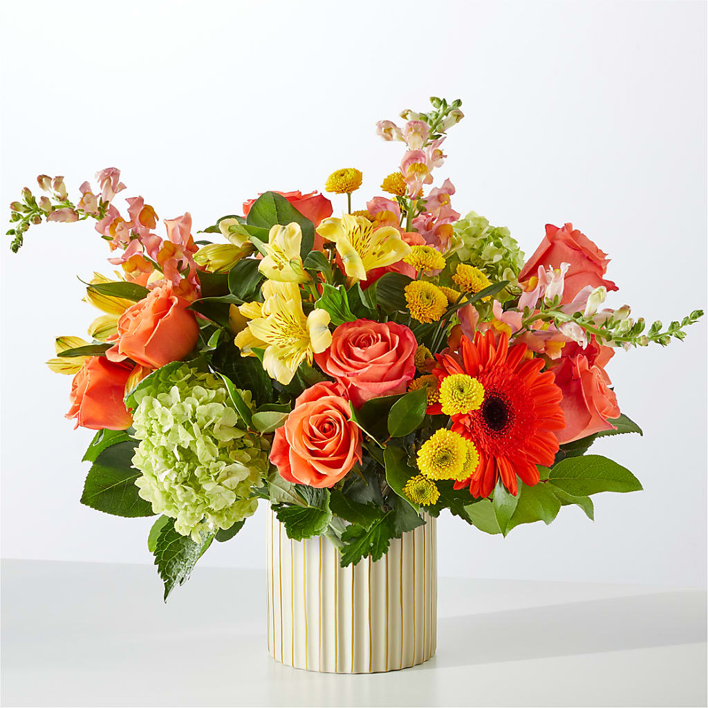 Autumn Sunshine Bouquet with Ivory Vase – R & J BLOOMS, Rowlett TX