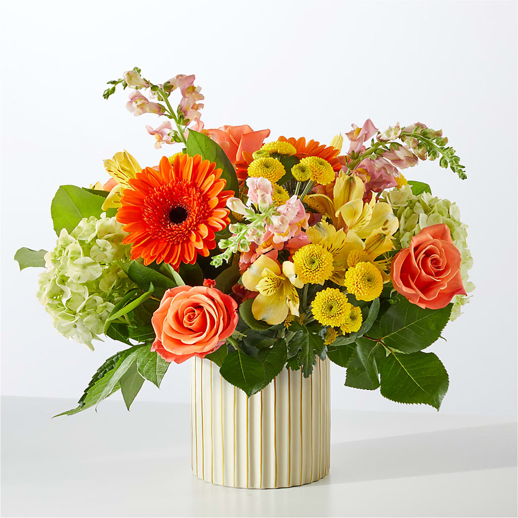 Autumn Sunshine Bouquet with Ivory Vase – R & J BLOOMS, Rowlett TX