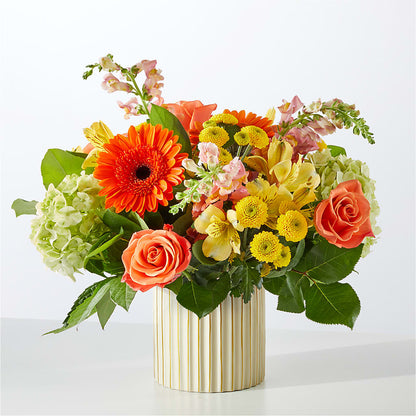 Autumn Sunshine Bouquet with Ivory Vase – R & J BLOOMS, Rowlett TX