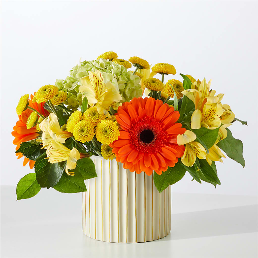 Autumn Sunshine Bouquet with Ivory Vase – R & J BLOOMS, Rowlett TX