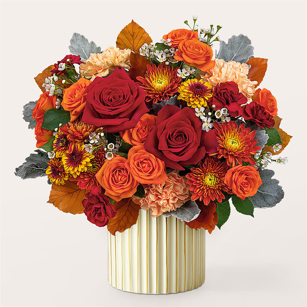 Merlot Bouquet with Ivory Vase – R & J BLOOMS, Rowlett TX