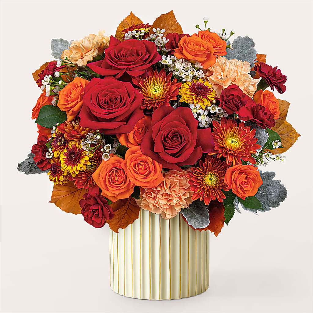 Merlot Bouquet with Ivory Vase – R & J BLOOMS, Rowlett TX